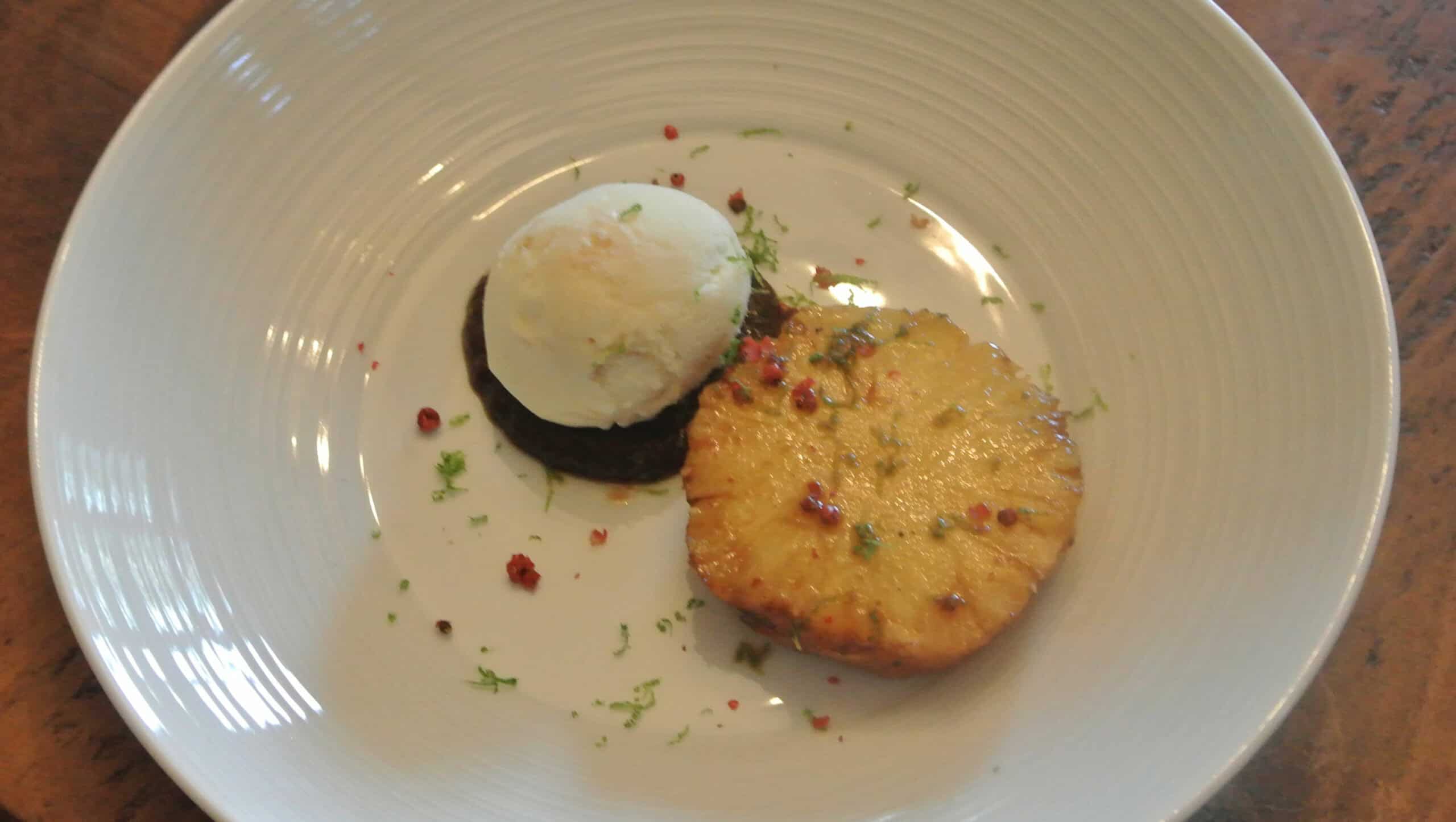 BBQ pineapple, smoked rum & raisin puree, vanilla ice cream & pink