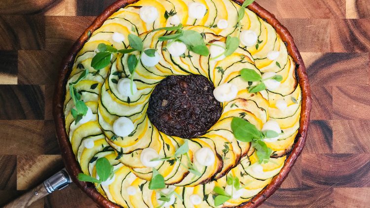Summer Courgette, caramelized onion, whipped feta and truffle honey tart
