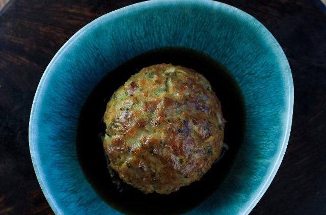 Marmite and mushroom broth with smoked cheese dumpling