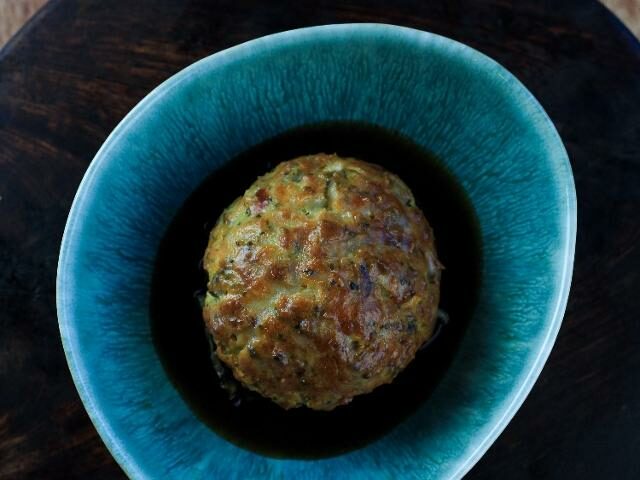 Marmite and mushroom broth with smoked cheese dumpling
