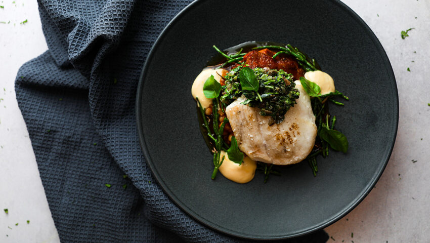 monkfish and pork Cheek with Samphire and Garlic Aioli
