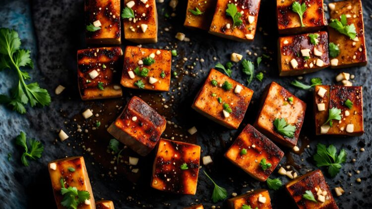 Maple glazed tofu with balsamic red cabbage and cranberries