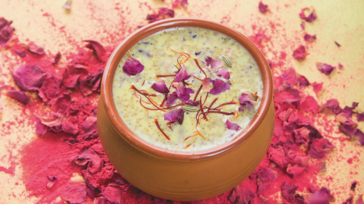 Thandai with almonds, pistachios and pine nuts