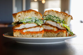 Filled focaccia with romesco sauce
