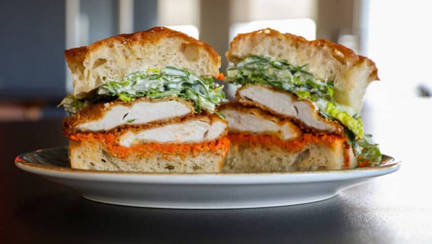 Filled focaccia with romesco sauce